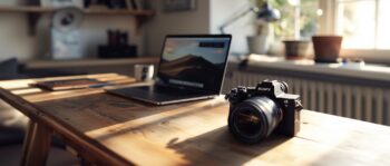 Kamera und Macbook liegen auf Schreibtisch