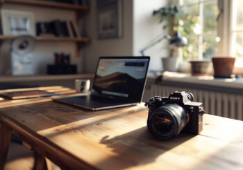 Kamera und Macbook liegen auf Schreibtisch